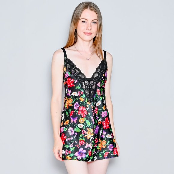 Victoria's Secret Other - VICTORIA'S SECRET Lace-Trim Floral Print Black Chemise Slip NWT